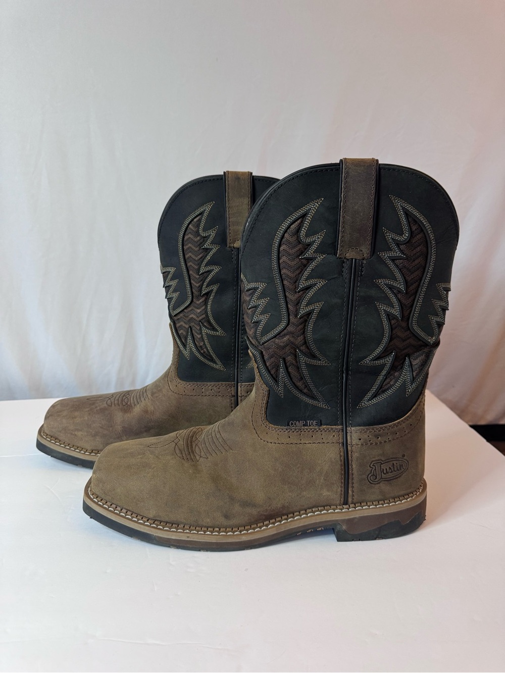 Justin Two-Tone Brown & Black Work Cowboy Boots size 11EE